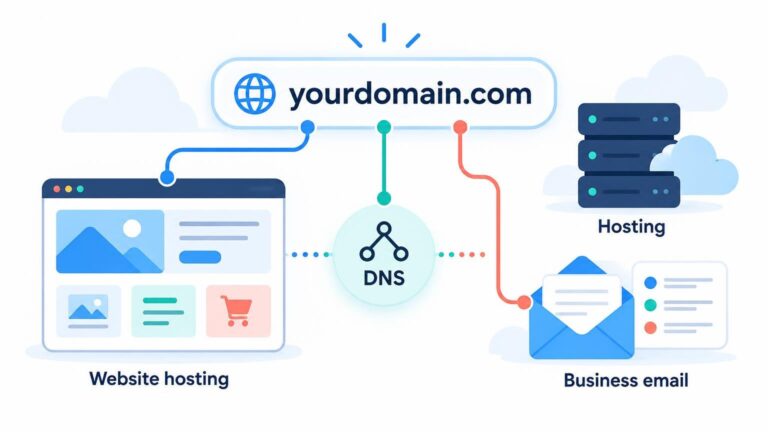Modern vector diagram showing yourdomain.com linked through DNS to a website-hosting browser window, a stack of hosting servers, and a business email envelope.