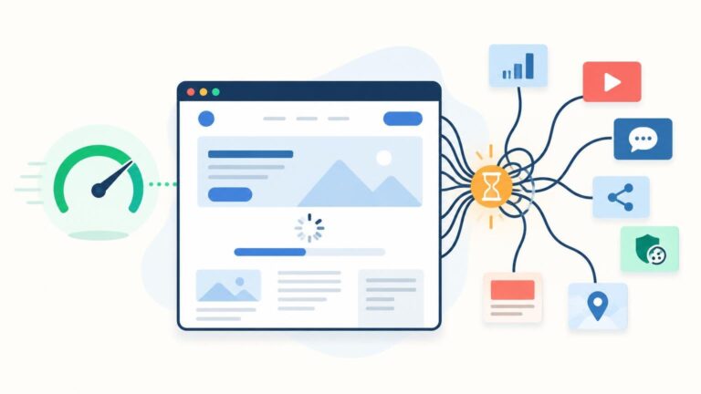Vector illustration of a web browser page loading slowly, connected by many cables to analytics, video, chat, sharing, location, security, and content-service icons, with a speed gauge and hourglass.