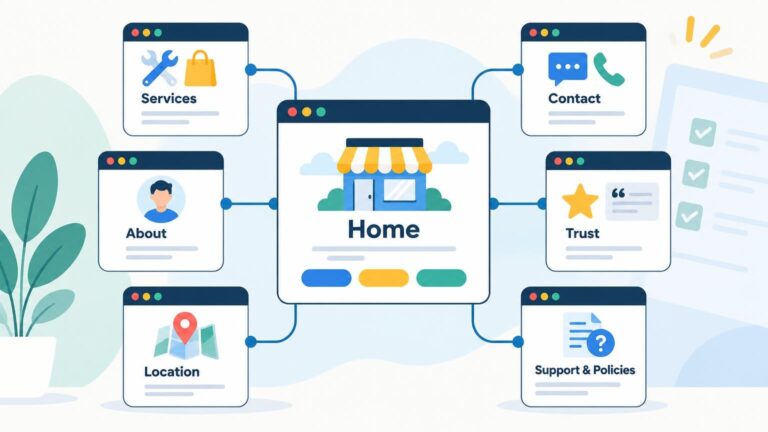 Illustration of a small-business website home page connected to pages labeled Services, About, Location, Contact, Trust, and Support & Policies.