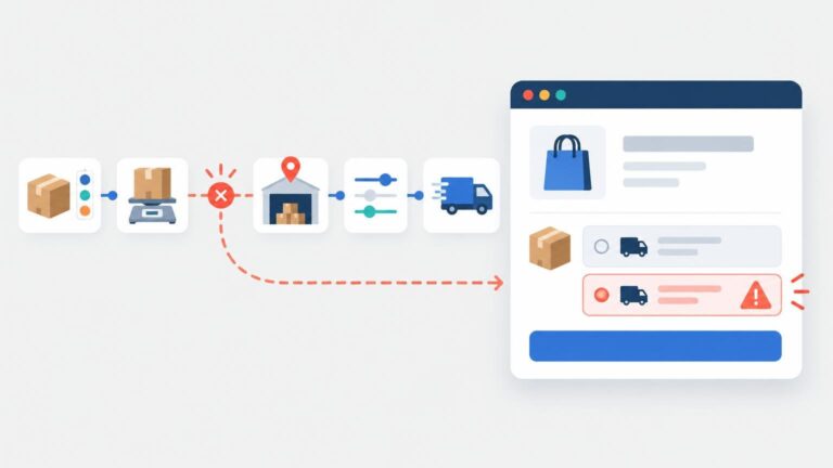 Vector illustration of an ecommerce checkout page showing a shipping-rate warning, alongside a parcel, scale, warehouse location, settings sliders, and delivery truck connected by a route with an error symbol.